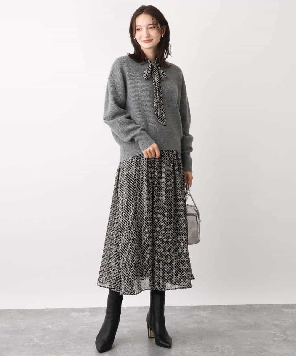 FKHAV03140 MK MICHEL KLEIN(MK ミッシェルクラン) スクエア幾何柄シフォンスカート/洗える ブラウン
