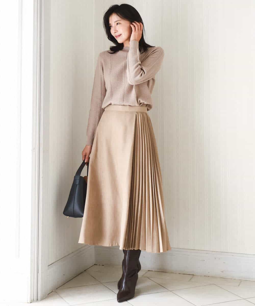 FKHBD51170 MK MICHEL KLEIN(MK ミッシェルクラン) 部分プリーツデザイン スウェードライクスカート/洗える ベージュ