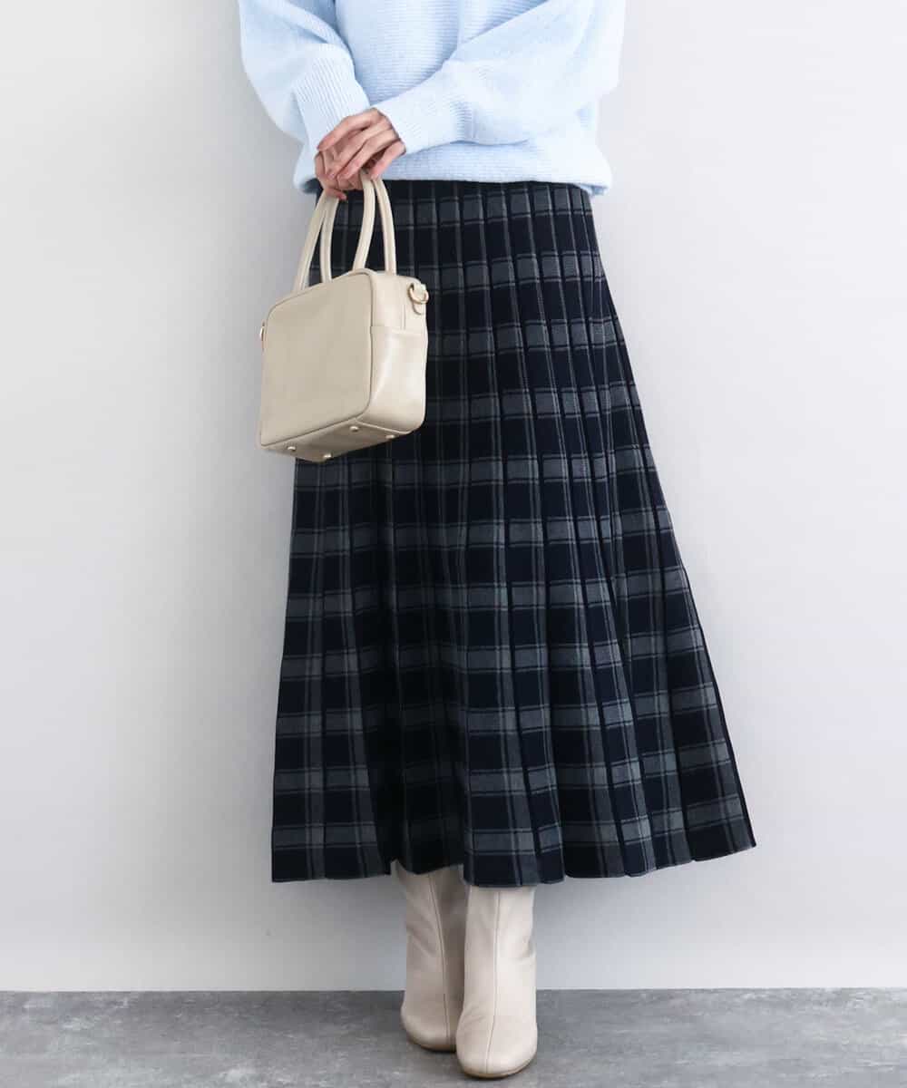 FKHDD01170 MK MICHEL KLEIN(MK ミッシェルクラン) チェック柄プリーツニットスカート/洗える ネイビー