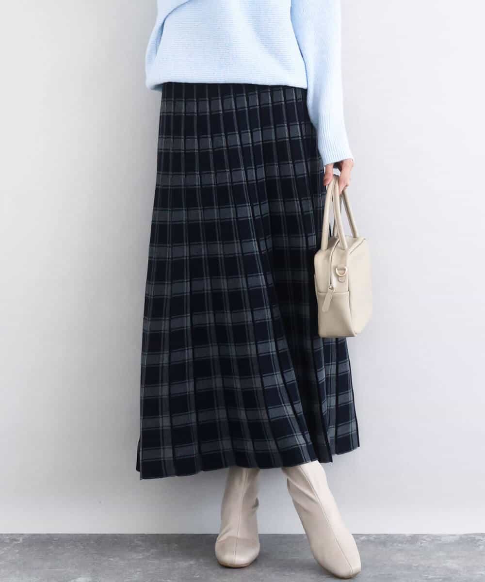 FKHDD01170 MK MICHEL KLEIN(MK ミッシェルクラン) チェック柄プリーツニットスカート/洗える ネイビー