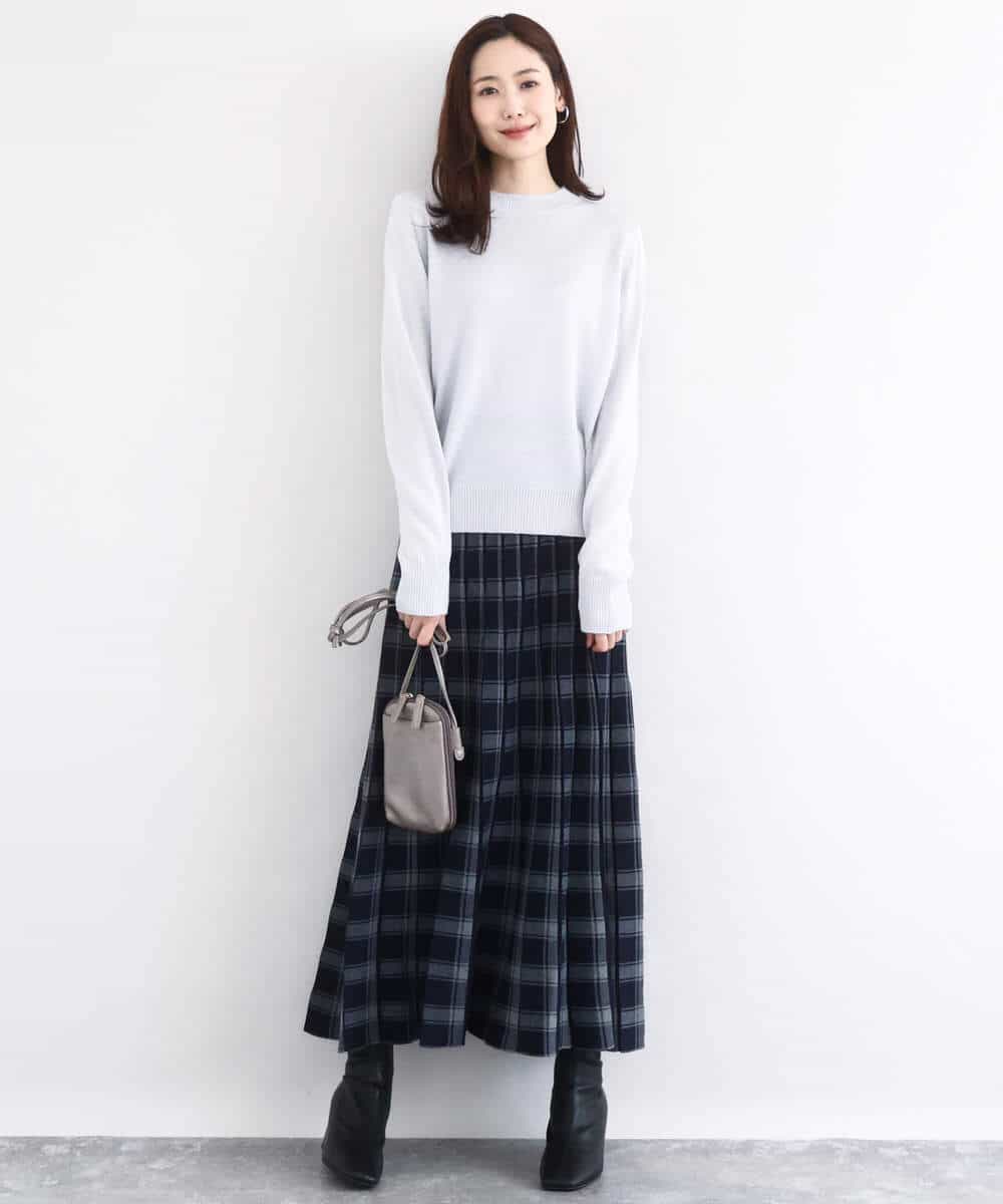 FKHDD01170 MK MICHEL KLEIN(MK ミッシェルクラン) チェック柄プリーツニットスカート/洗える ネイビー