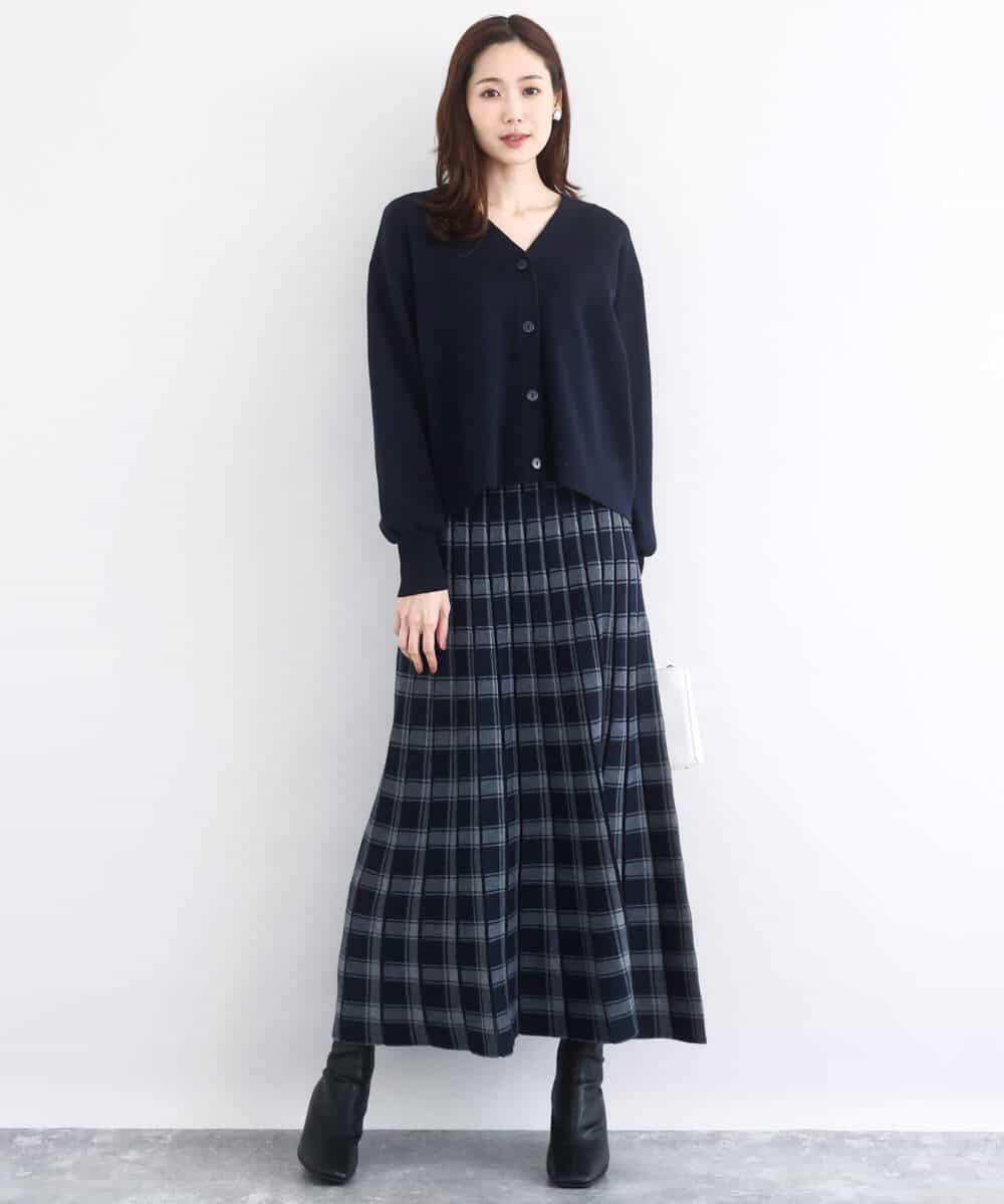 FKHDD01170 MK MICHEL KLEIN(MK ミッシェルクラン) チェック柄プリーツニットスカート/洗える ネイビー