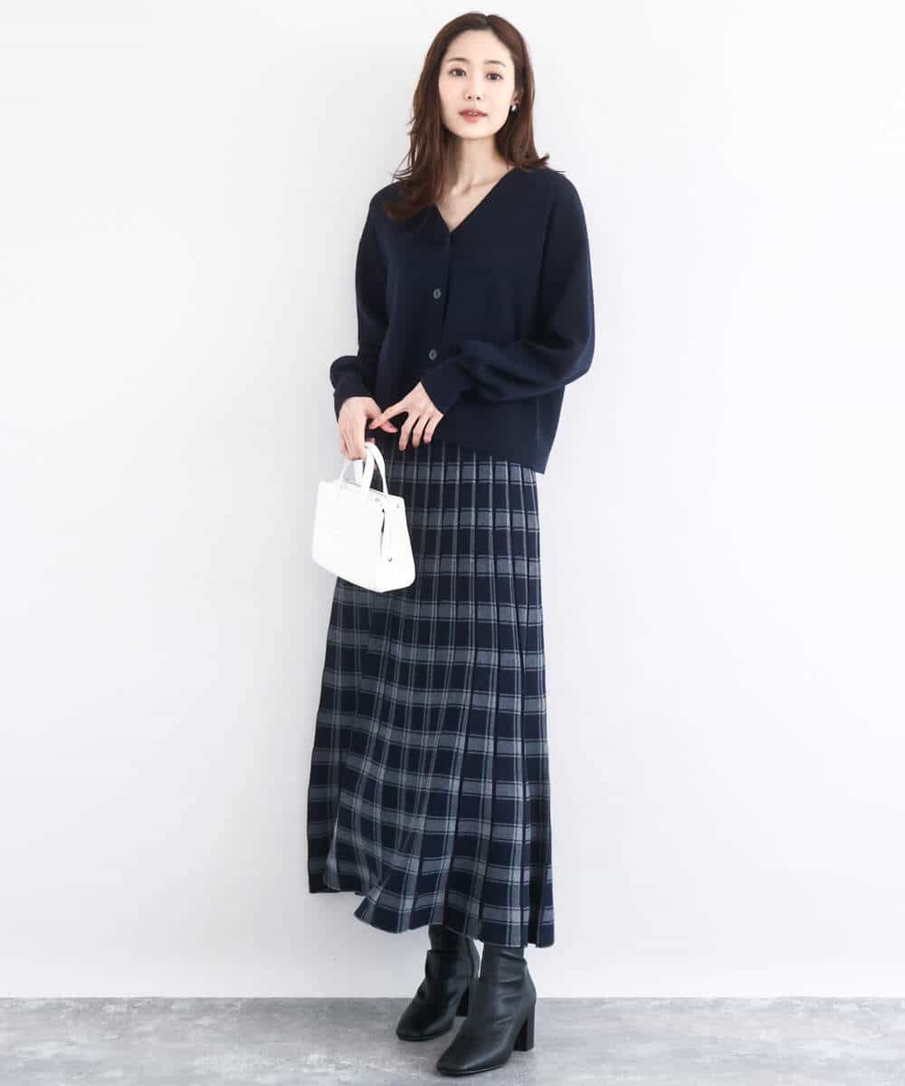 FKHDD01170 MK MICHEL KLEIN(MK ミッシェルクラン) チェック柄プリーツニットスカート/洗える ネイビー