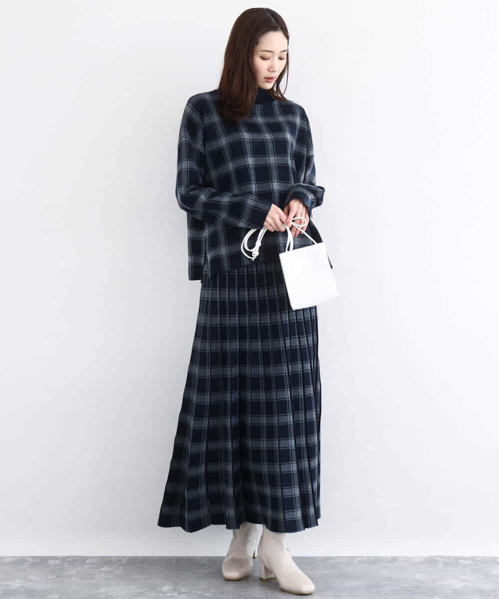 FKHDD01170 MK MICHEL KLEIN(MK ミッシェルクラン) チェック柄プリーツニットスカート/洗える ネイビー