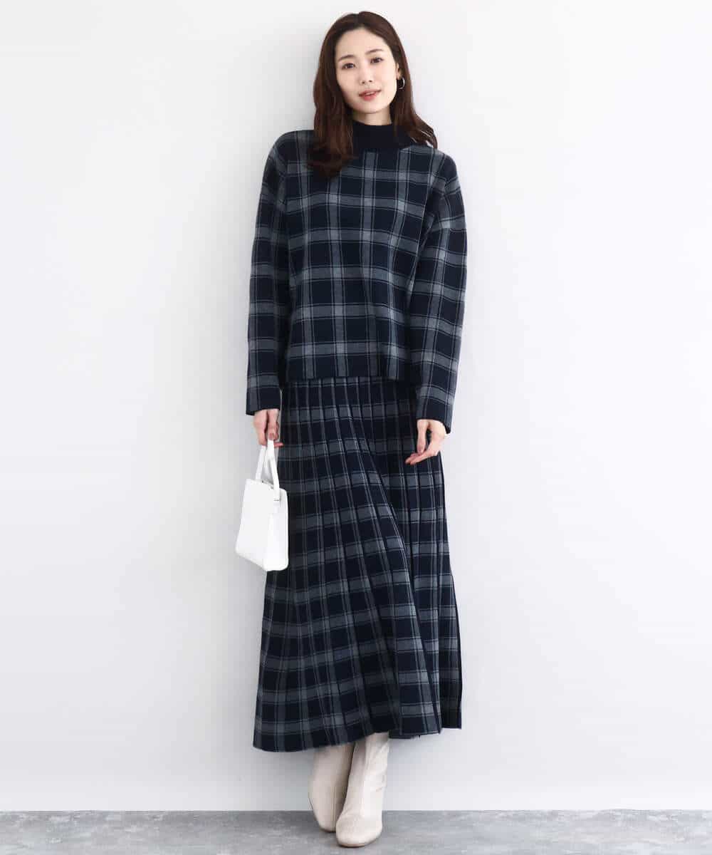 FKHDD01170 MK MICHEL KLEIN(MK ミッシェルクラン) チェック柄プリーツニットスカート/洗える ネイビー