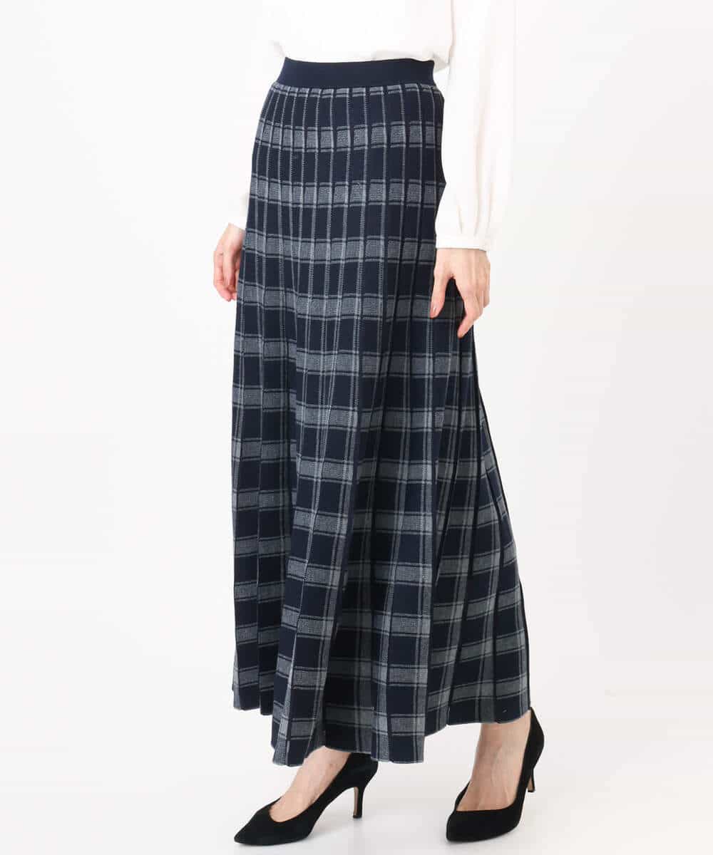 FKHDD01170 MK MICHEL KLEIN(MK ミッシェルクラン) チェック柄プリーツニットスカート/洗える ネイビー