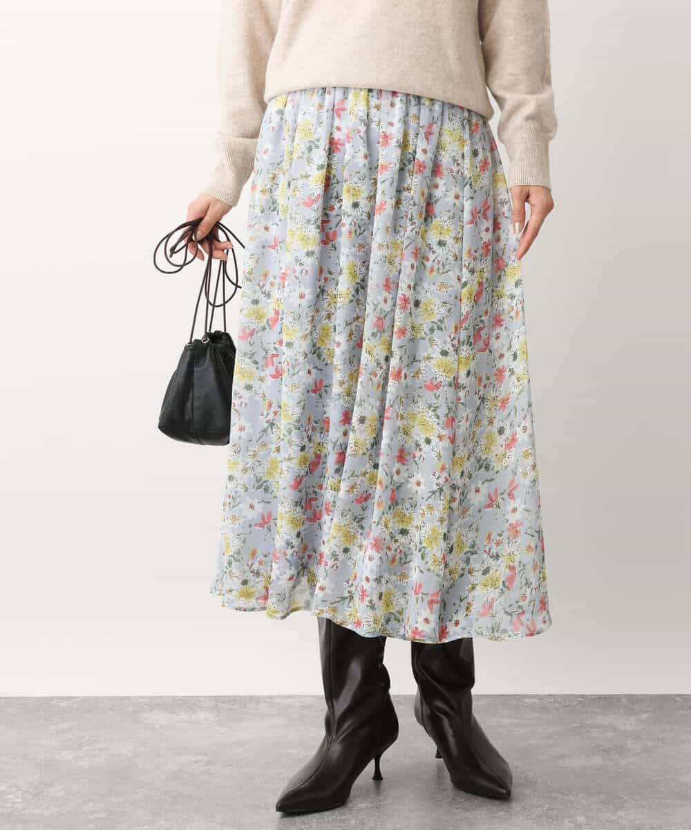 FKHDV07140 MK MICHEL KLEIN(MK ミッシェルクラン) 中花プリントシフォンスカート/洗える ネイビー
