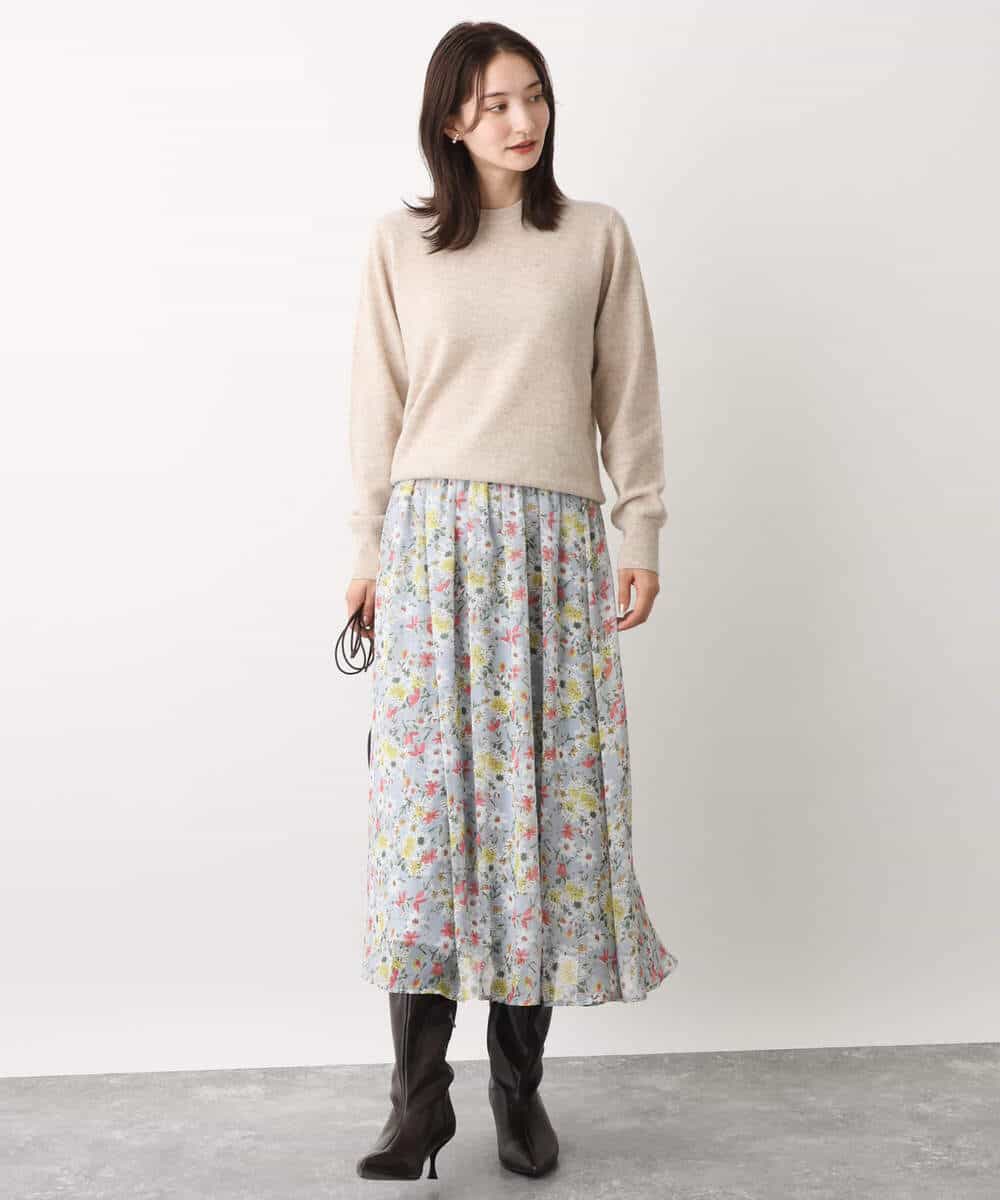 FKHDV07140 MK MICHEL KLEIN(MK ミッシェルクラン) 中花プリントシフォンスカート/洗える ネイビー