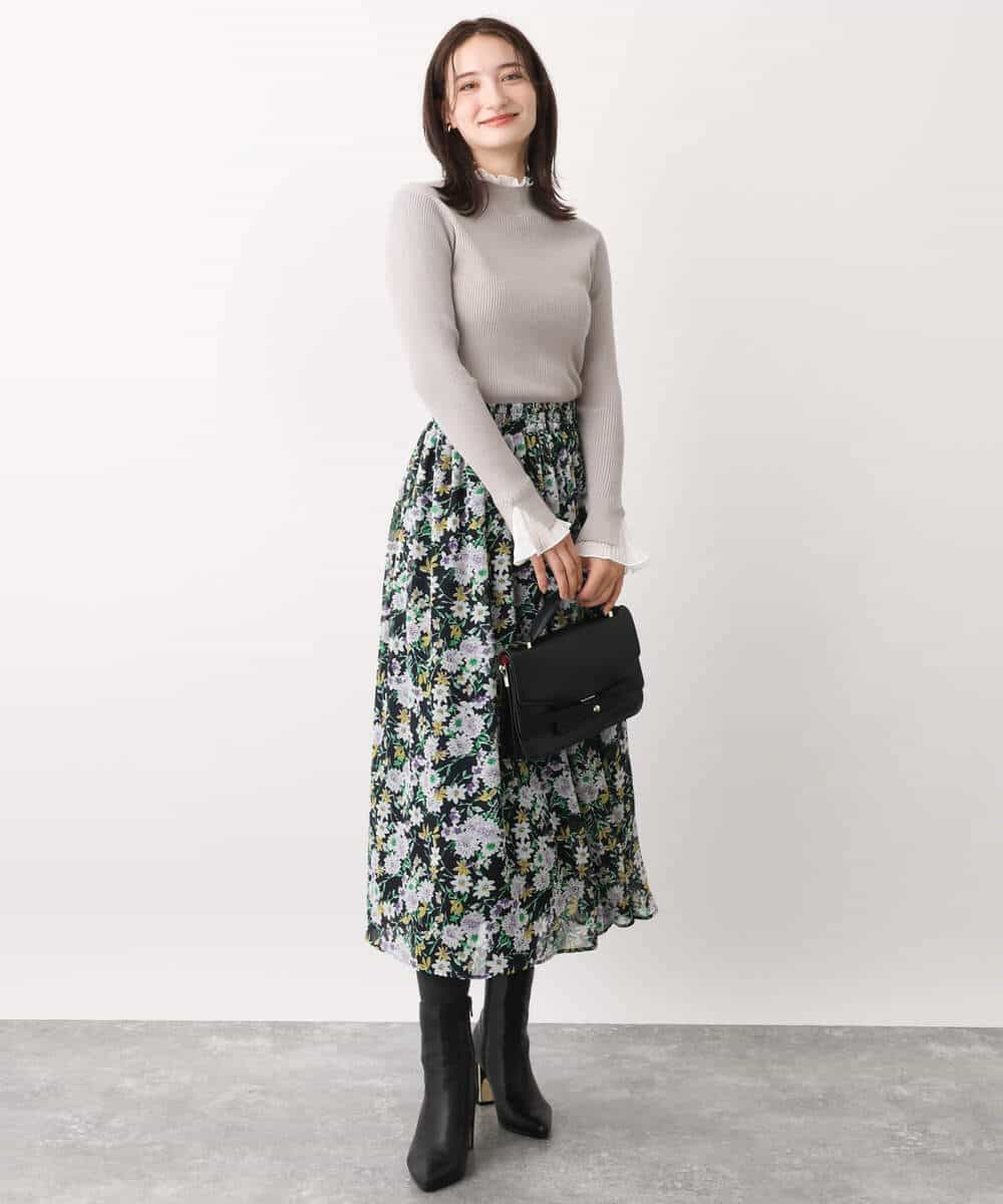FKHDV07140 MK MICHEL KLEIN(MK ミッシェルクラン) 中花プリントシフォンスカート/洗える ネイビー