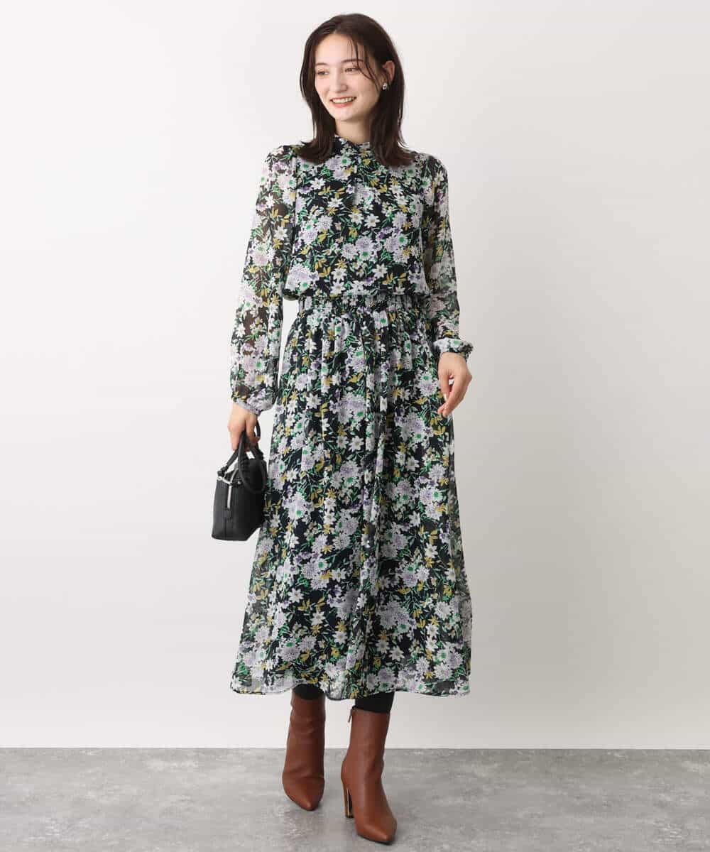 FKHDV07140 MK MICHEL KLEIN(MK ミッシェルクラン) 中花プリントシフォンスカート/洗える ネイビー