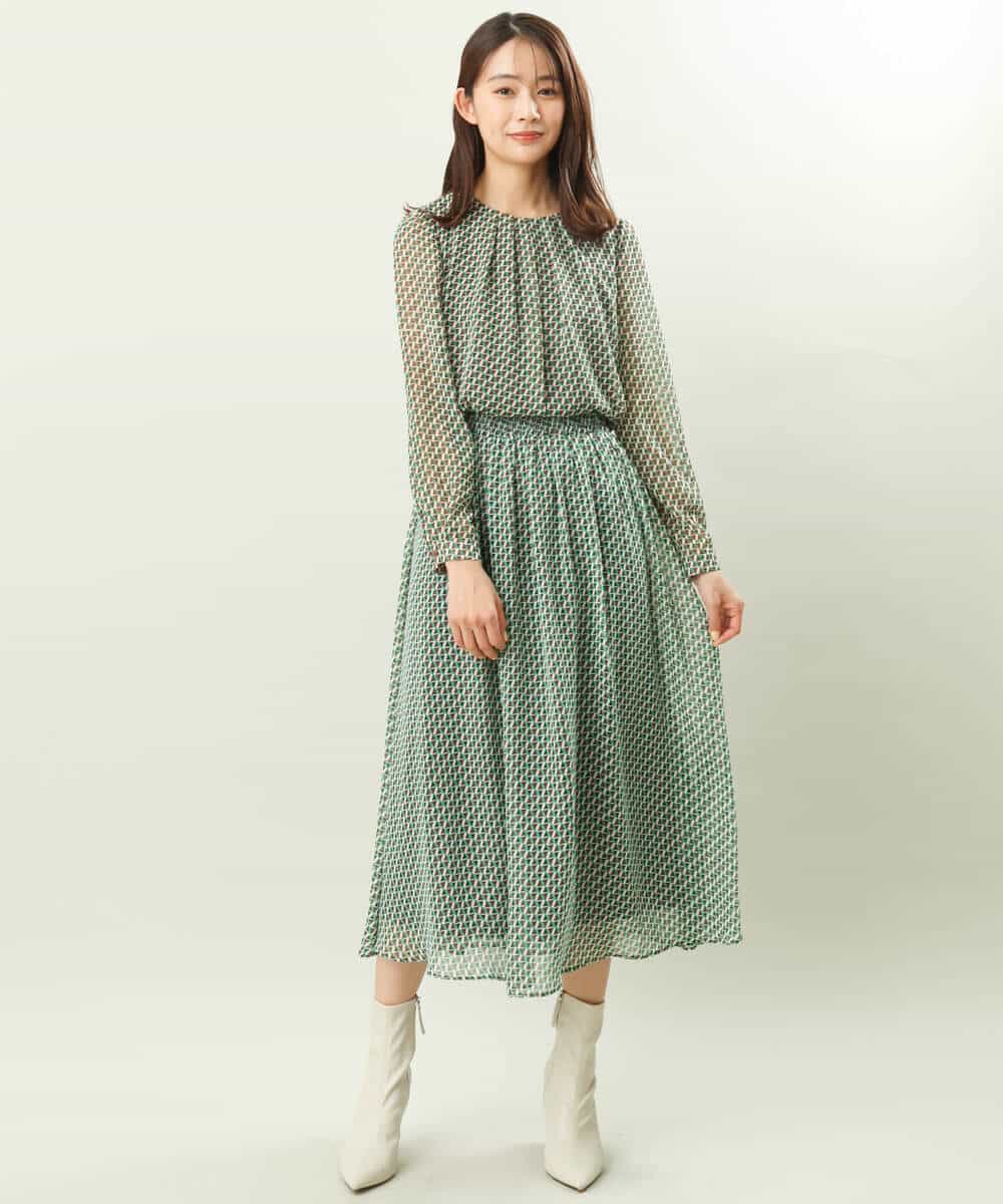 FKHFS02140 MK MICHEL KLEIN(MK ミッシェルクラン) レトロ幾何学柄シフォンスカート/洗える ブルー