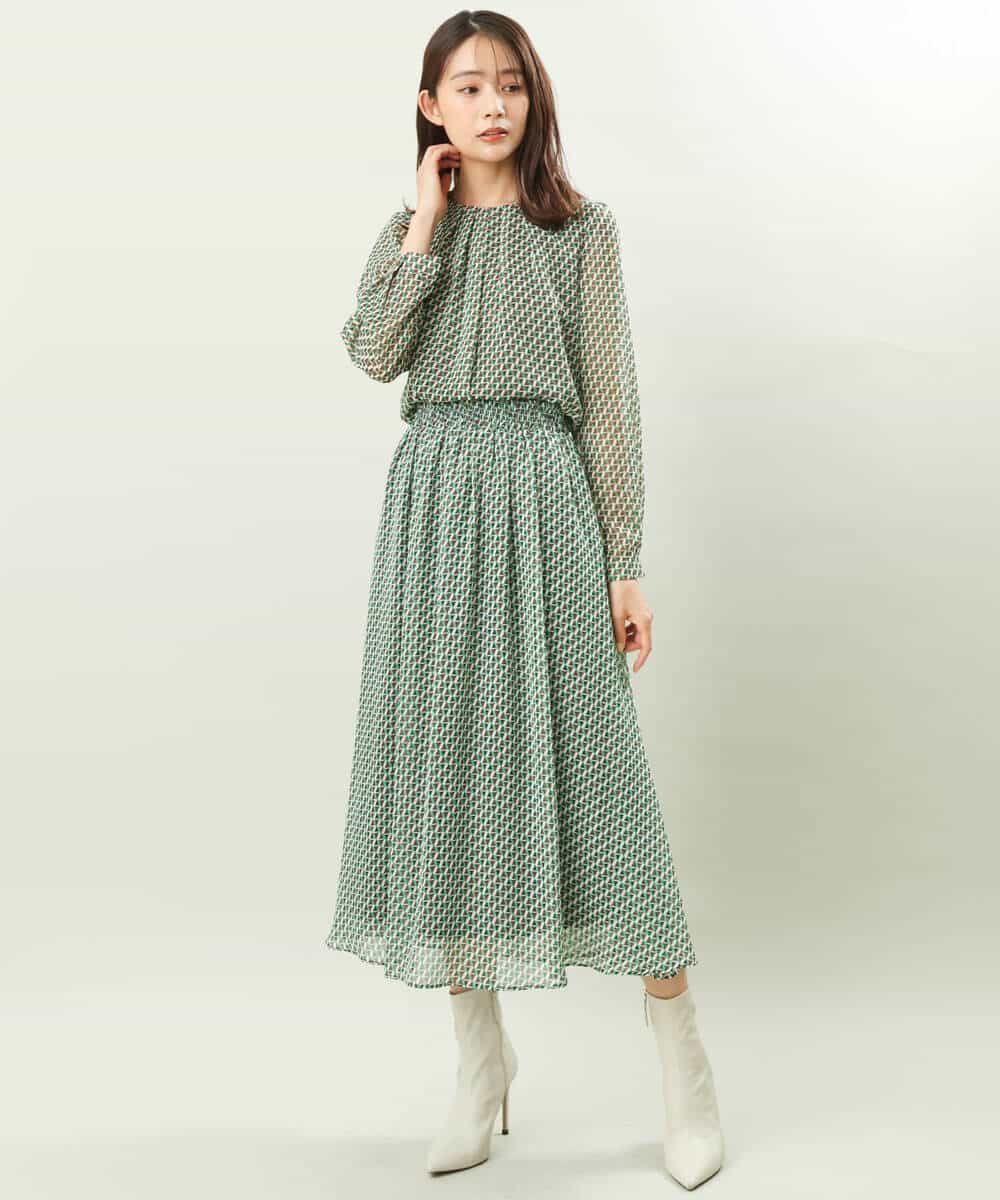 FKHFS02140 MK MICHEL KLEIN(MK ミッシェルクラン) レトロ幾何学柄シフォンスカート/洗える ブルー