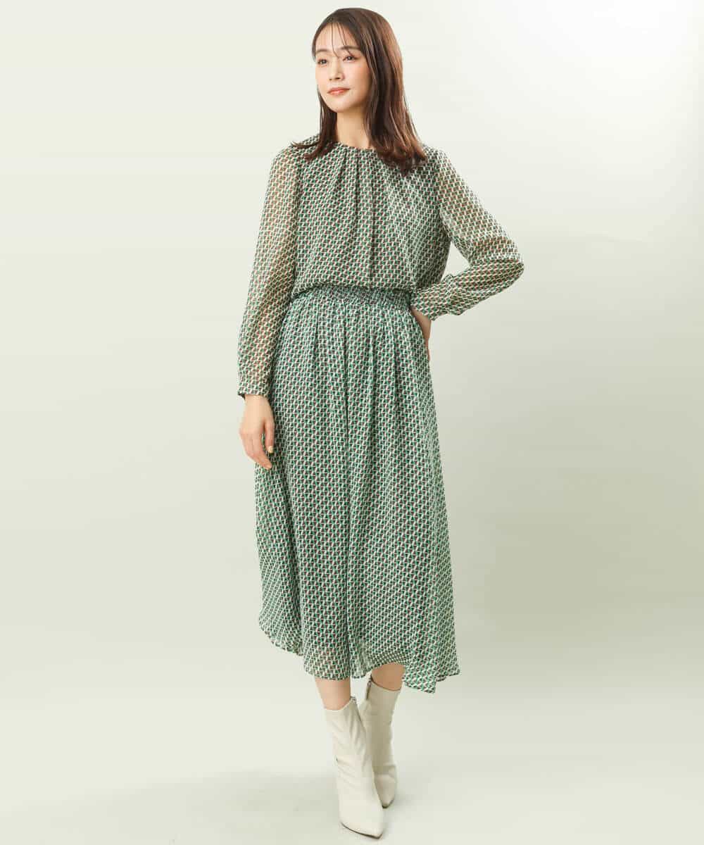 FKHFS02140 MK MICHEL KLEIN(MK ミッシェルクラン) レトロ幾何学柄シフォンスカート/洗える ブルー