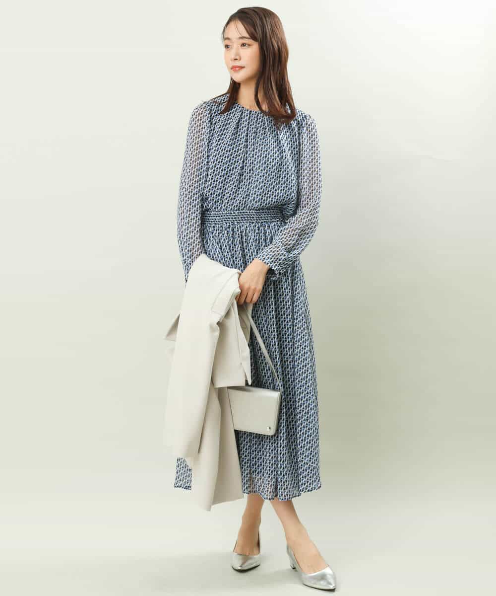 FKHFS02140 MK MICHEL KLEIN(MK ミッシェルクラン) レトロ幾何学柄シフォンスカート/洗える ブルー
