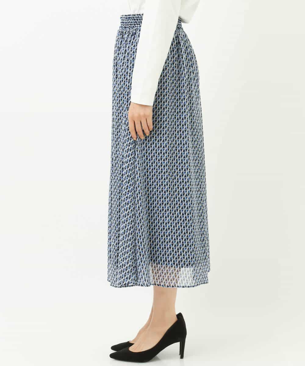 FKHFS02140 MK MICHEL KLEIN(MK ミッシェルクラン) レトロ幾何学柄シフォンスカート/洗える ブルー
