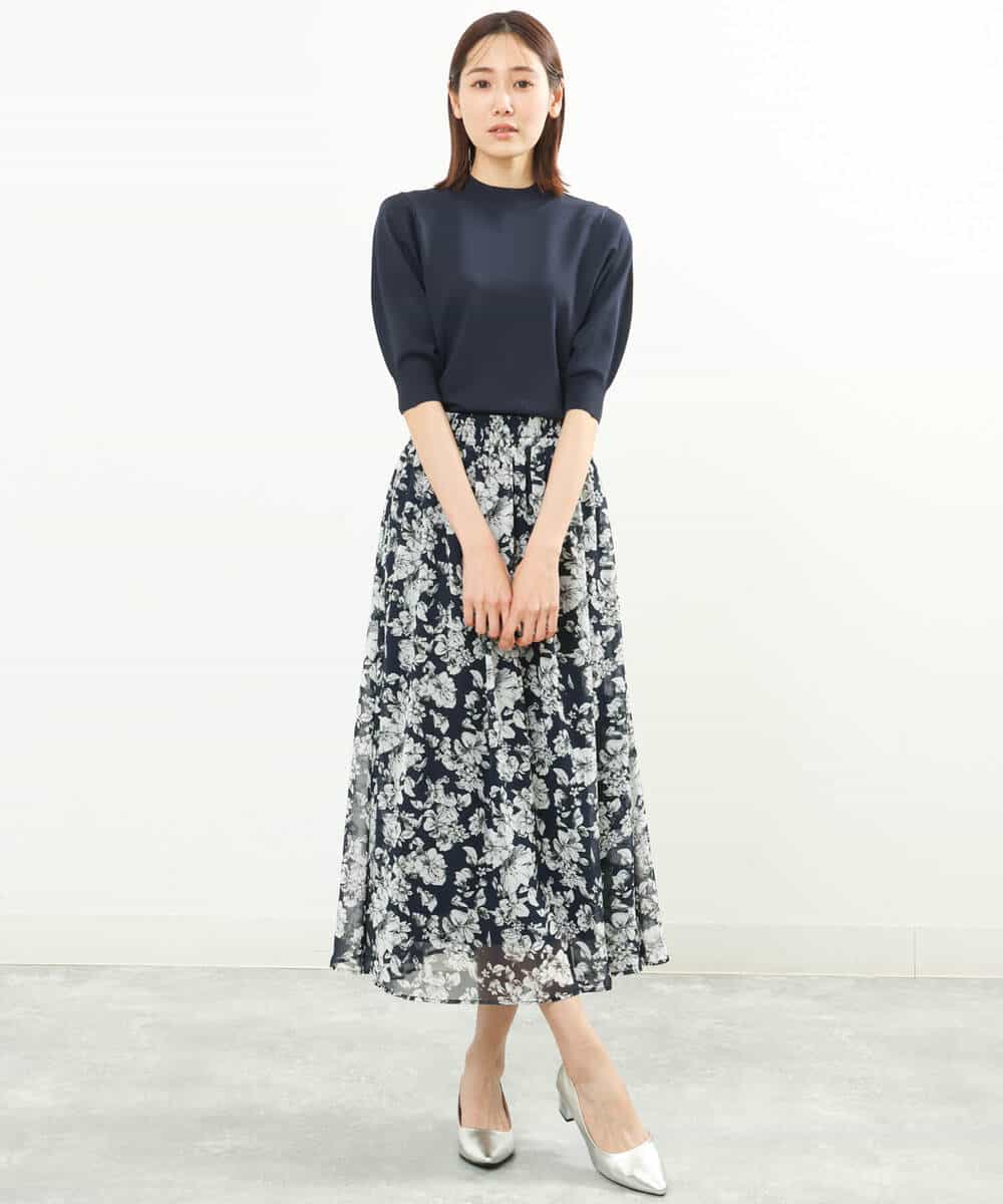 FKHFS03140 MK MICHEL KLEIN(MK ミッシェルクラン) ラインフラワープリントスカート/洗える ブルー