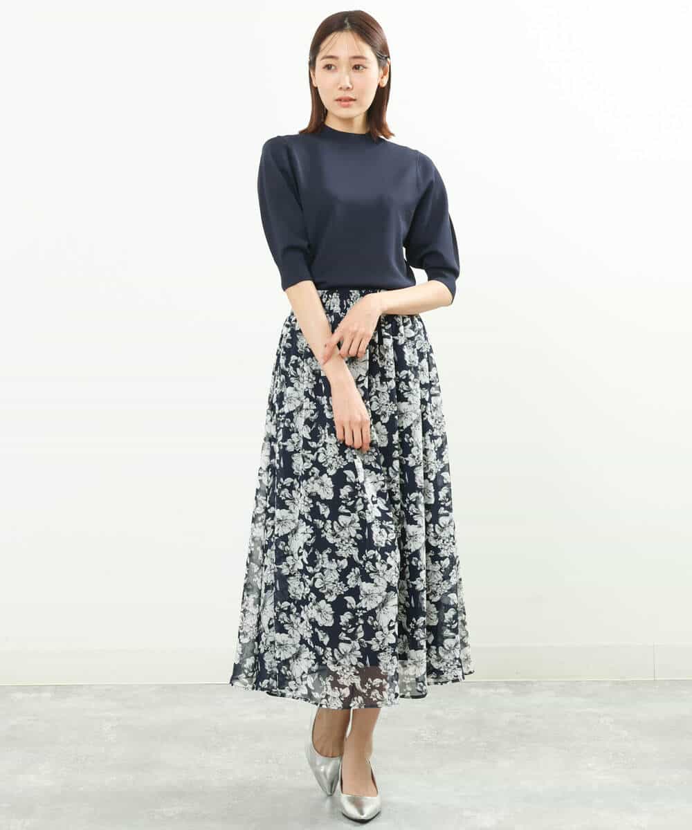 FKHFS03140 MK MICHEL KLEIN(MK ミッシェルクラン) ラインフラワープリントスカート/洗える ブルー