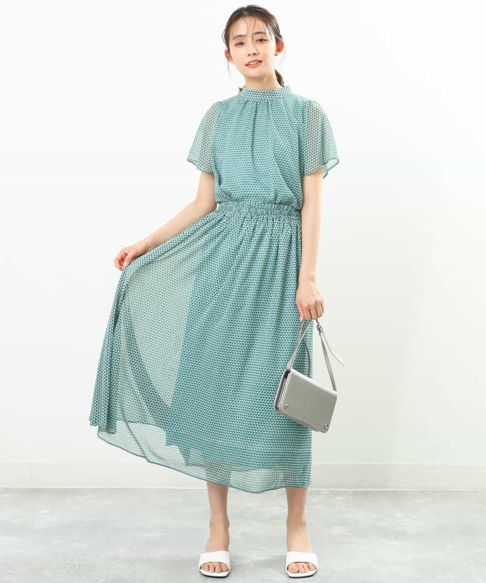 FKHFS05140 MK MICHEL KLEIN(MK ミッシェルクラン) 幾何学柄シフォンスカート/洗える グリーン