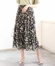 FKHGA04140 MK MICHEL KLEIN(MK ミッシェルクラン) 花柄シフォンスカート/洗える チャコール