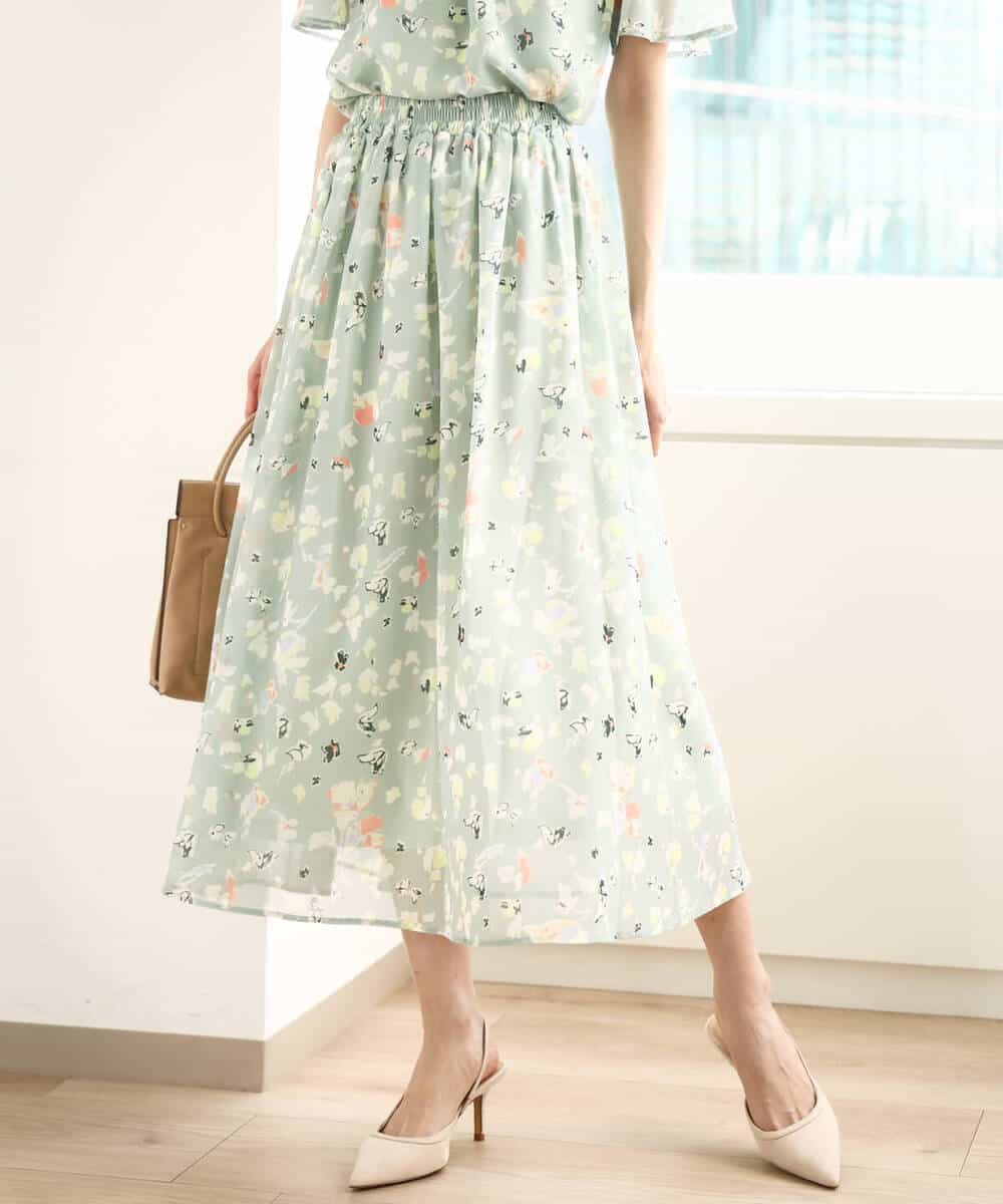 FKHGA04140 MK MICHEL KLEIN(MK ミッシェルクラン) 花柄シフォンスカート/洗える チャコール