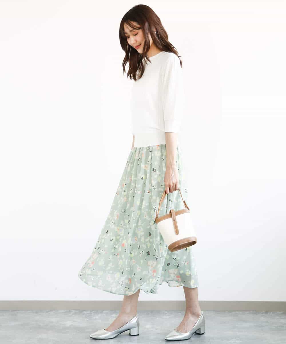FKHGA04140 MK MICHEL KLEIN(MK ミッシェルクラン) 花柄シフォンスカート/洗える チャコール