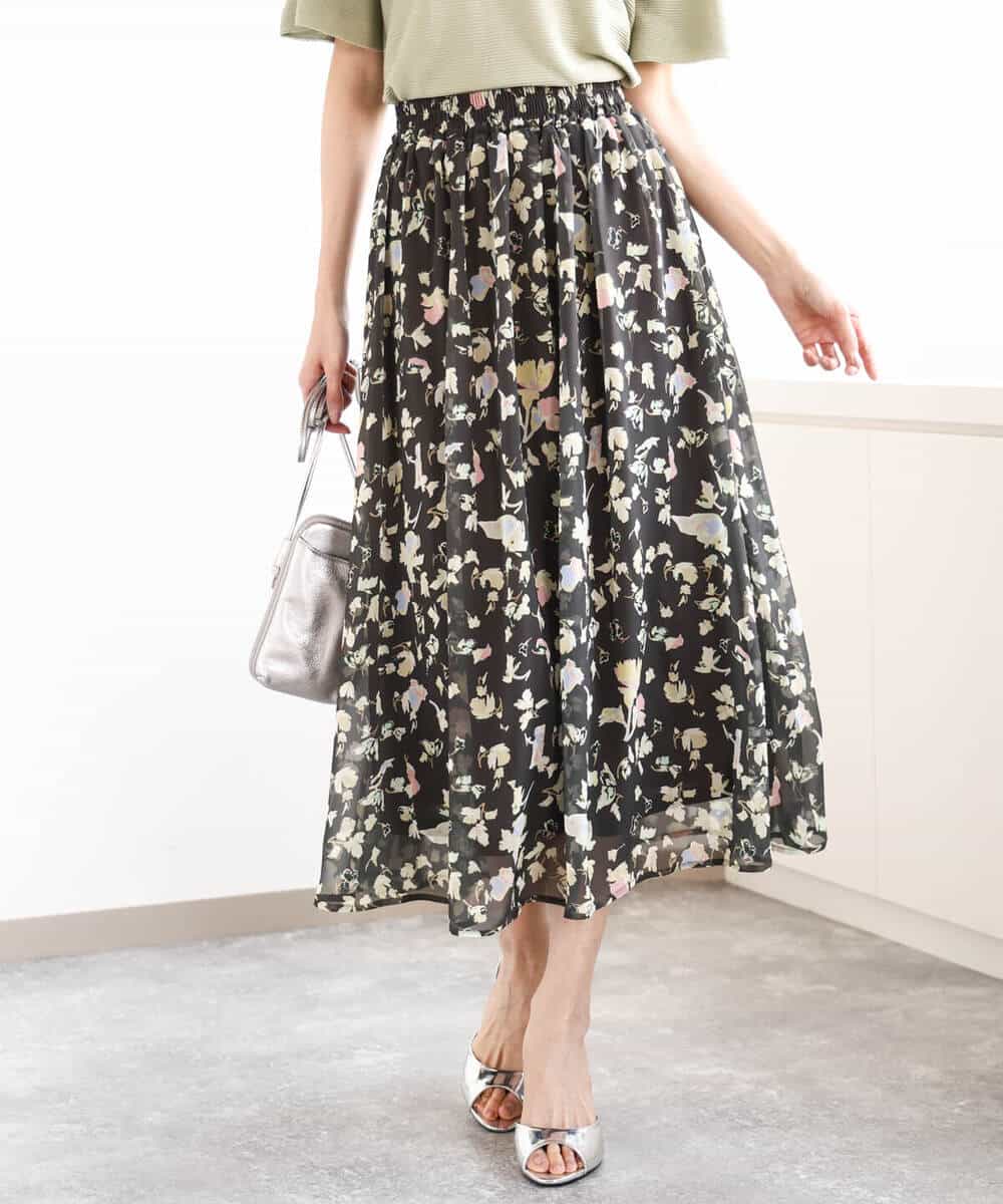 FKHGA04140 MK MICHEL KLEIN(MK ミッシェルクラン) 花柄シフォンスカート/洗える チャコール