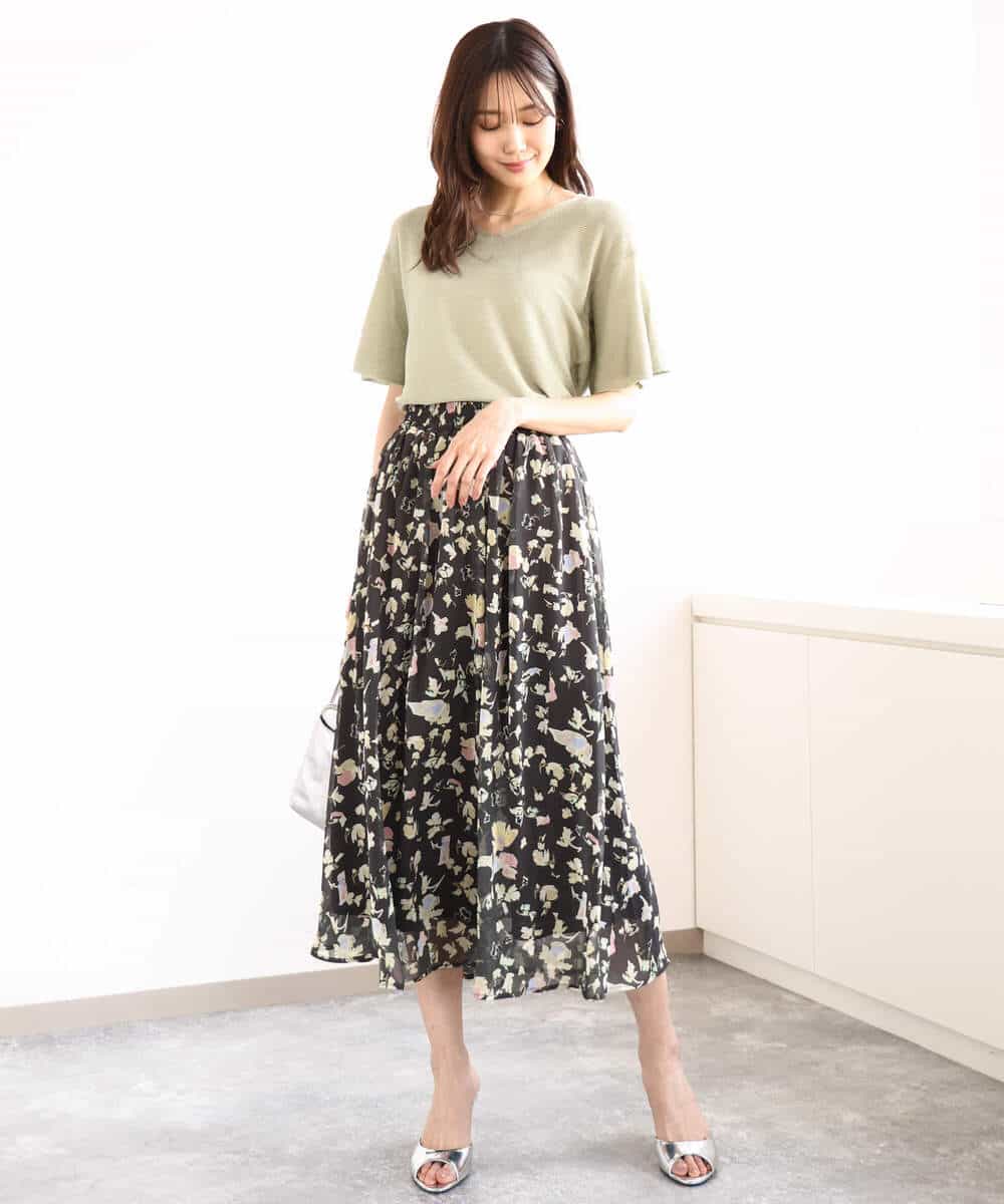 FKHGA04140 MK MICHEL KLEIN(MK ミッシェルクラン) 花柄シフォンスカート/洗える チャコール