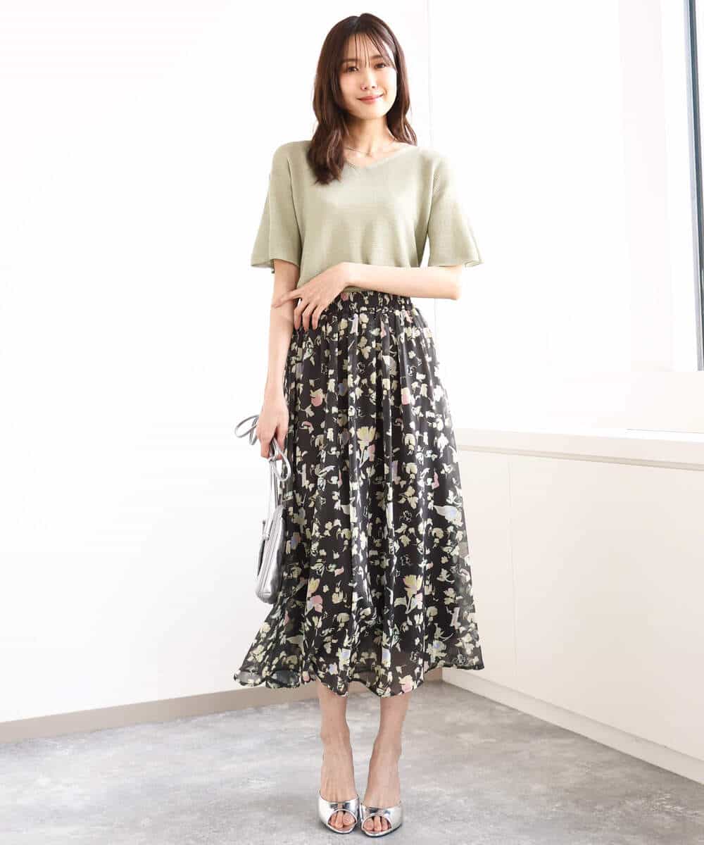 FKHGA04140 MK MICHEL KLEIN(MK ミッシェルクラン) 花柄シフォンスカート/洗える チャコール