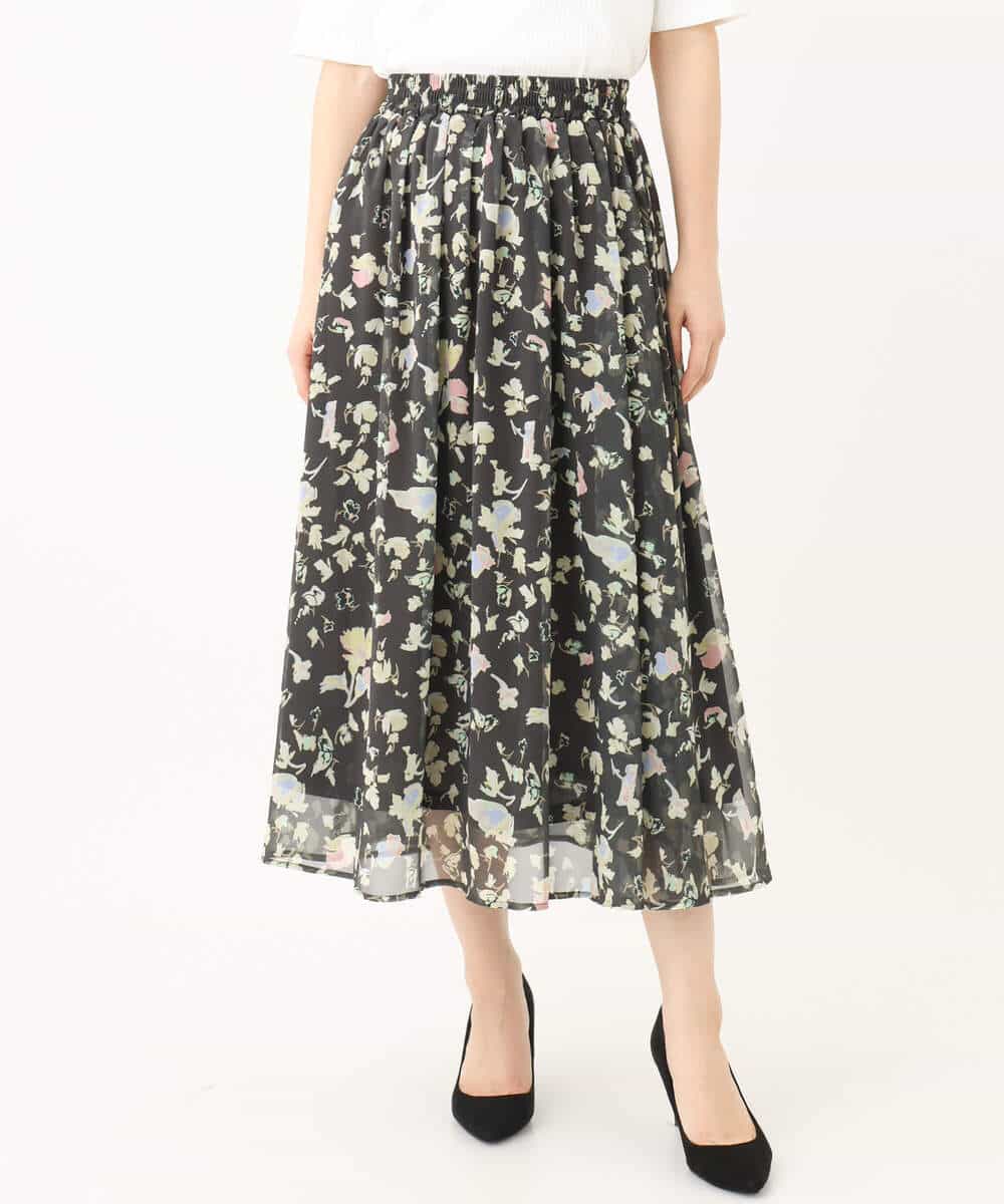 FKHGA04140 MK MICHEL KLEIN(MK ミッシェルクラン) 花柄シフォンスカート/洗える チャコール