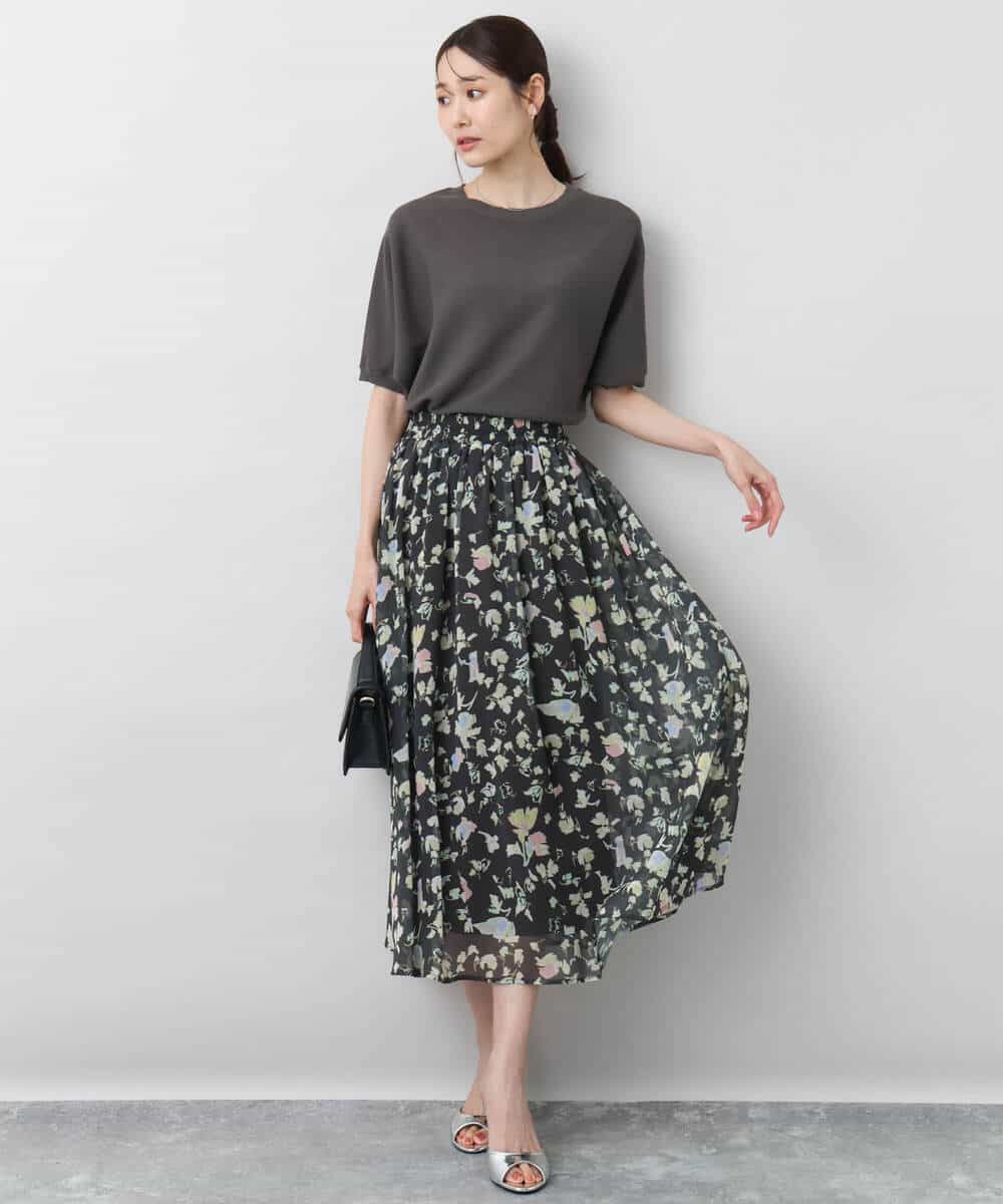 FKHGA04140 MK MICHEL KLEIN(MK ミッシェルクラン) 花柄シフォンスカート/洗える チャコール