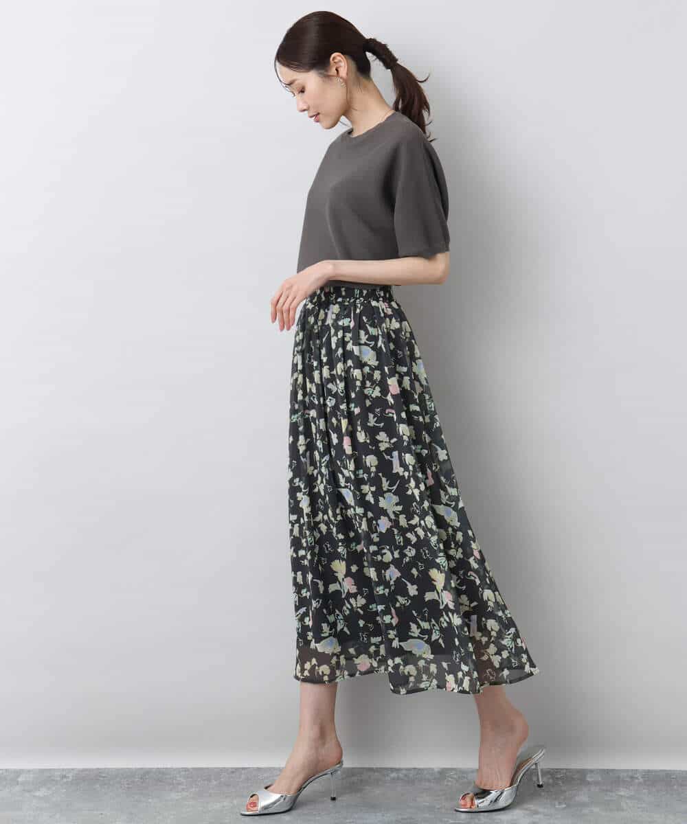 FKHGA04140 MK MICHEL KLEIN(MK ミッシェルクラン) 花柄シフォンスカート/洗える チャコール