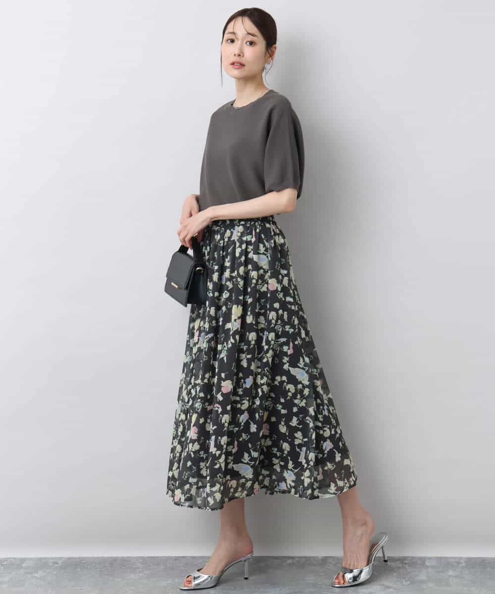 FKHGA04140 MK MICHEL KLEIN(MK ミッシェルクラン) 花柄シフォンスカート/洗える チャコール