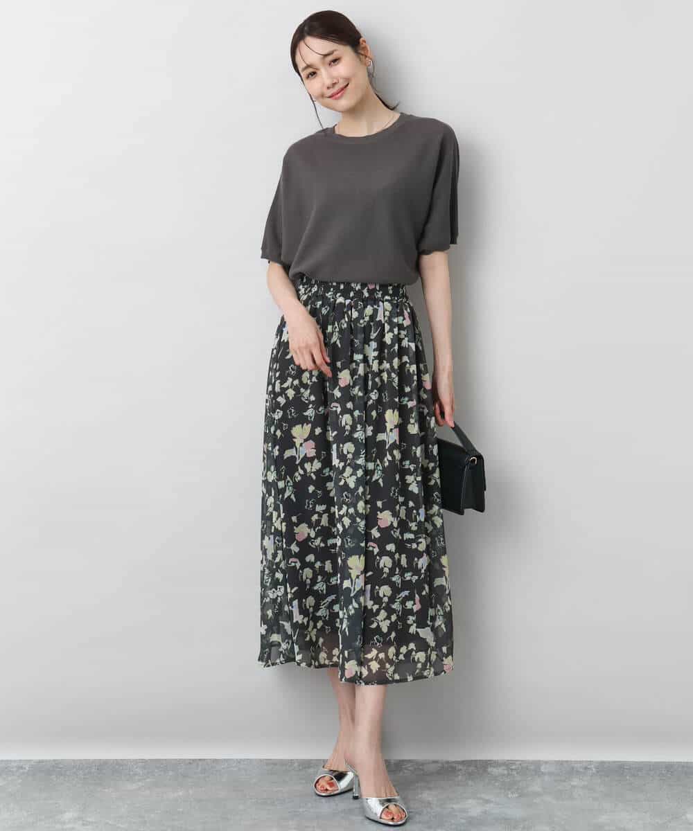 FKHGA04140 MK MICHEL KLEIN(MK ミッシェルクラン) 花柄シフォンスカート/洗える チャコール