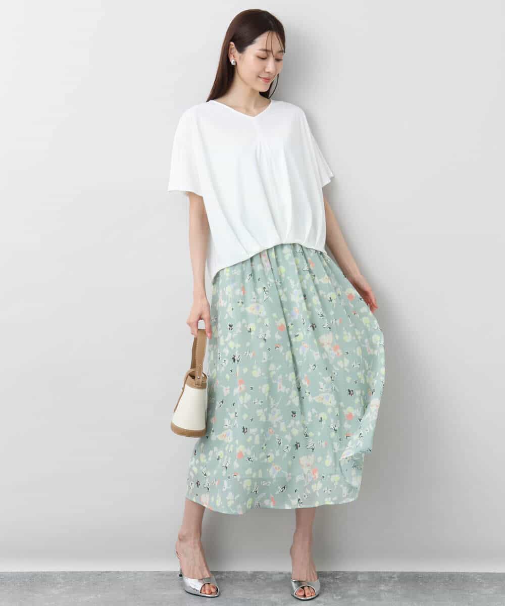 FKHGA04140 MK MICHEL KLEIN(MK ミッシェルクラン) 花柄シフォンスカート/洗える チャコール