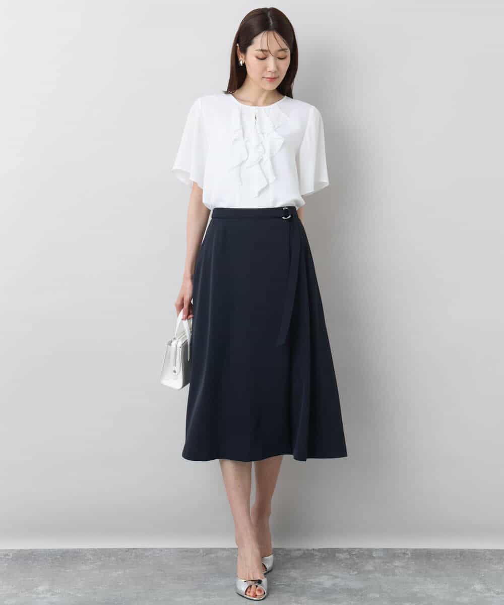 FKHGA37160 MK MICHEL KLEIN(MK ミッシェルクラン) ベルト付きAラインスカート/洗える ネイビー