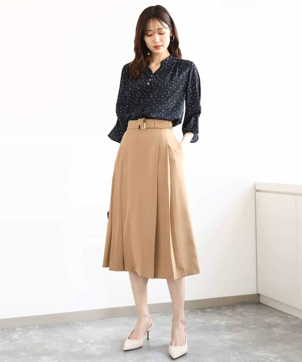 FKHGA45170 MK MICHEL KLEIN(MK ミッシェルクラン) ベルト付きタックプリーツスカート/洗える キャメル