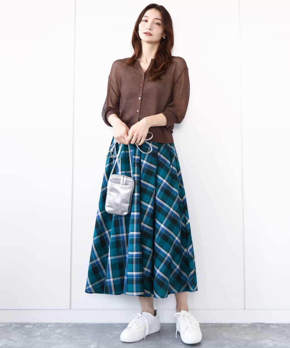 FKHGA50160 MK MICHEL KLEIN(MK ミッシェルクラン) チェック柄サーキュラースカート/洗える グリーン