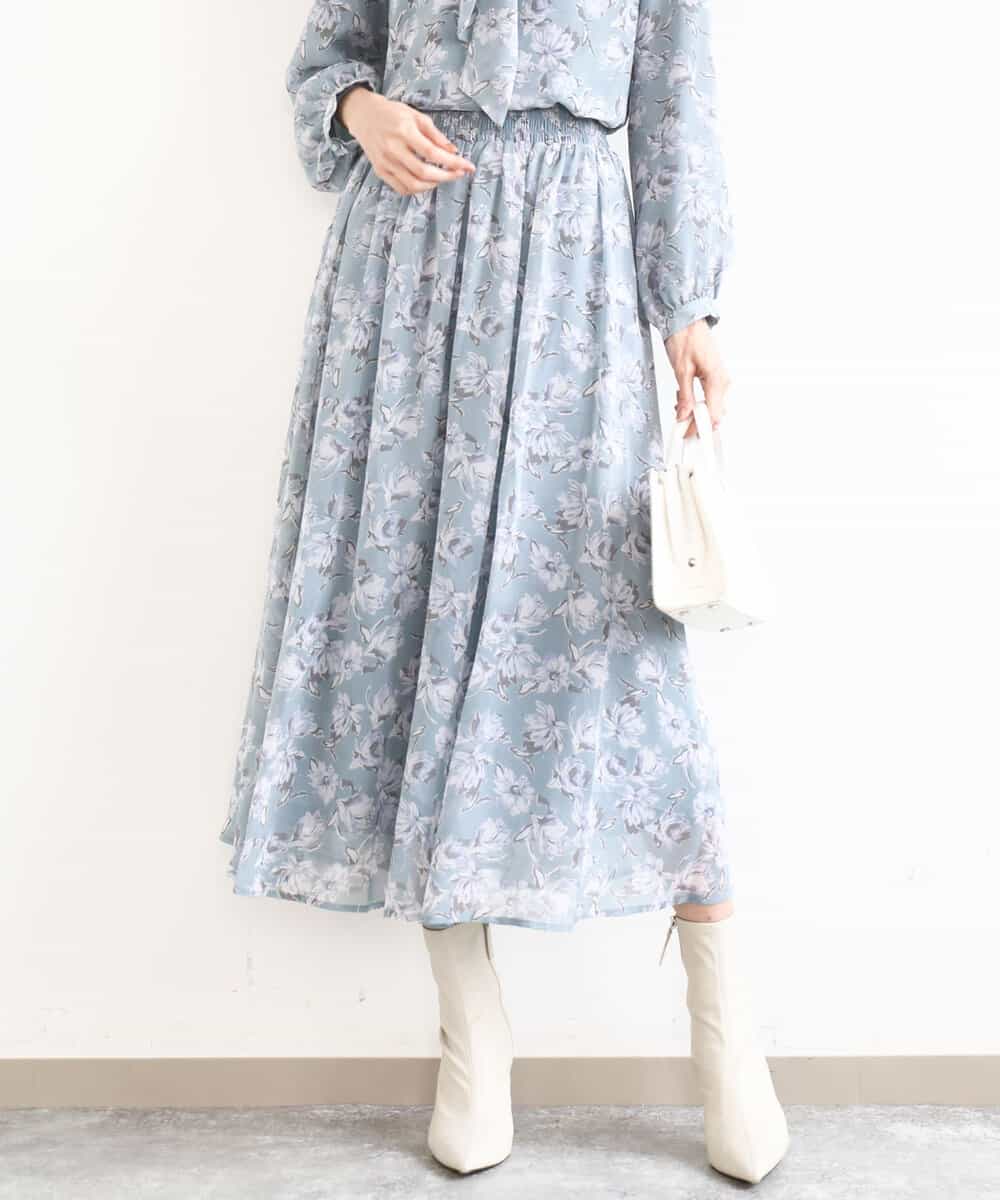 FKHGD01140 MK MICHEL KLEIN(MK ミッシェルクラン) 花柄シフォンスカート/洗える ミントブルー