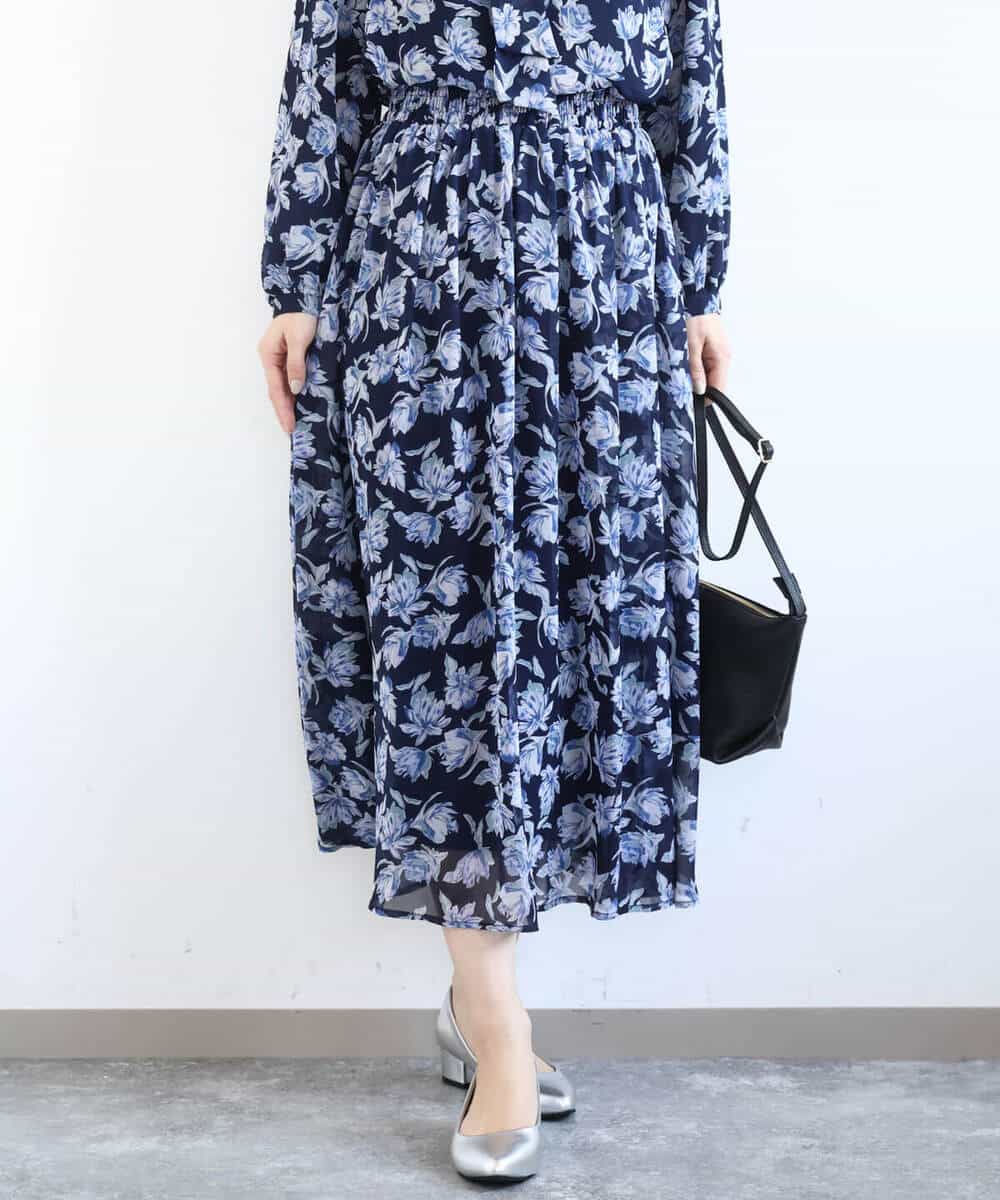 FKHGD01140 MK MICHEL KLEIN(MK ミッシェルクラン) 花柄シフォンスカート/洗える ミントブルー