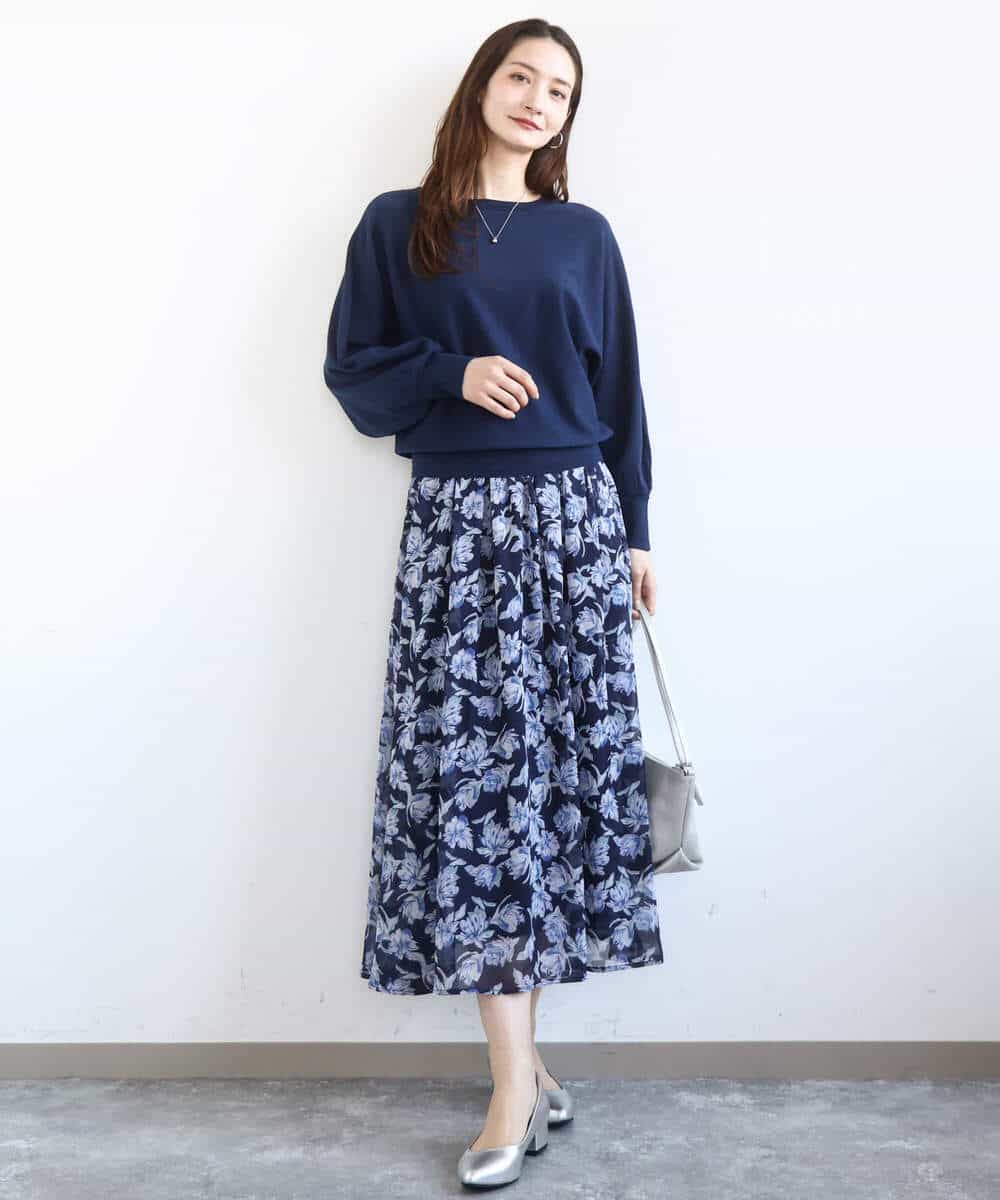 FKHGD01140 MK MICHEL KLEIN(MK ミッシェルクラン) 花柄シフォンスカート/洗える ミントブルー