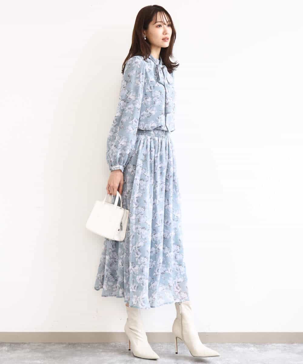 FKHGD01140 MK MICHEL KLEIN(MK ミッシェルクラン) 花柄シフォンスカート/洗える ミントブルー