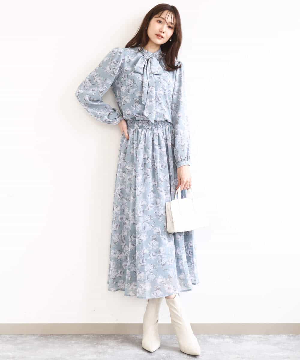 FKHGD01140 MK MICHEL KLEIN(MK ミッシェルクラン) 花柄シフォンスカート/洗える ミントブルー