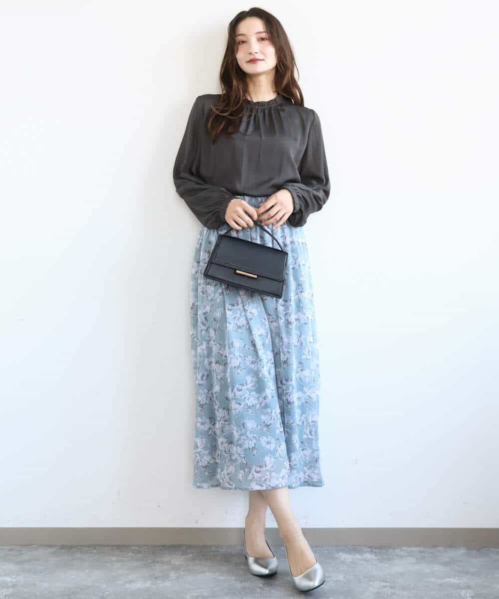 FKHGD01140 MK MICHEL KLEIN(MK ミッシェルクラン) 花柄シフォンスカート/洗える ミントブルー