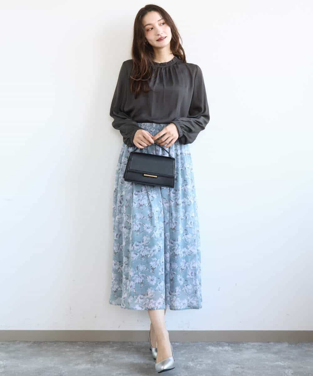 FKHGD01140 MK MICHEL KLEIN(MK ミッシェルクラン) 花柄シフォンスカート/洗える ミントブルー