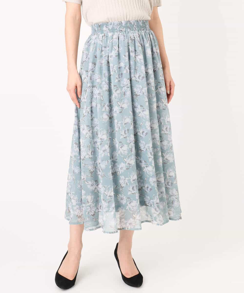 FKHGD01140 MK MICHEL KLEIN(MK ミッシェルクラン) 花柄シフォンスカート/洗える ミントブルー