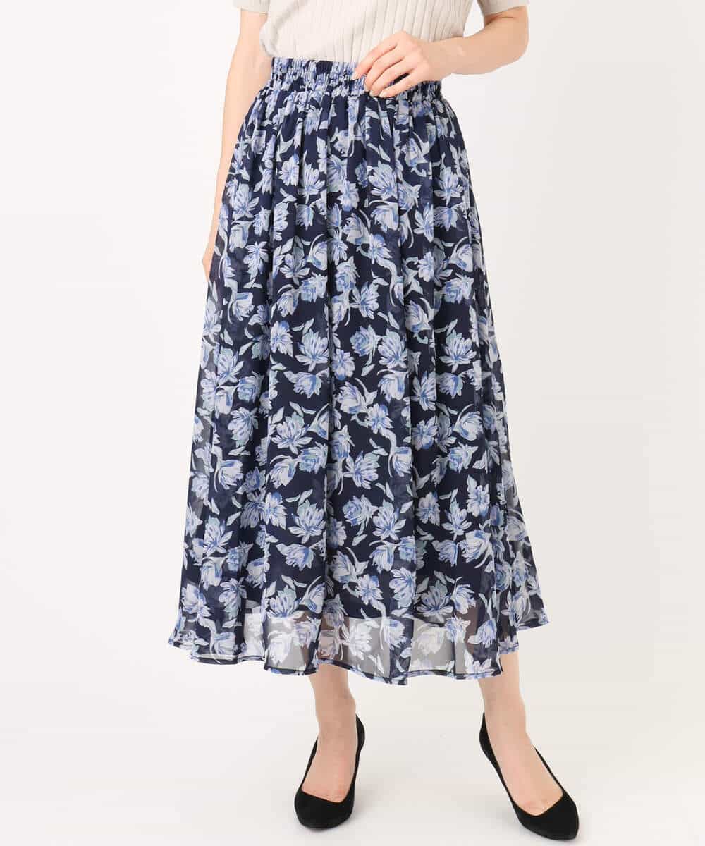 FKHGD01140 MK MICHEL KLEIN(MK ミッシェルクラン) 花柄シフォンスカート/洗える ミントブルー