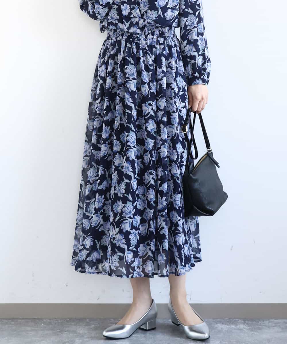 FKHGD01140 MK MICHEL KLEIN(MK ミッシェルクラン) 花柄シフォンスカート/洗える ネイビー