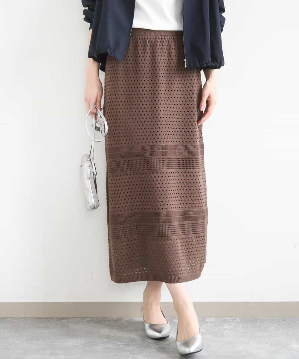 FKHGD02170 MK MICHEL KLEIN(MK ミッシェルクラン) アイレット編みクロシェ風ニットスカート/洗える ブラウン