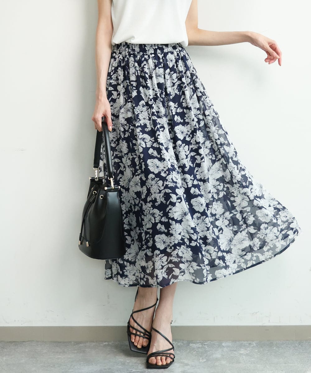 FKHGD03140 MK MICHEL KLEIN(MK ミッシェルクラン) [洗える]花柄シフォンスカート ネイビー