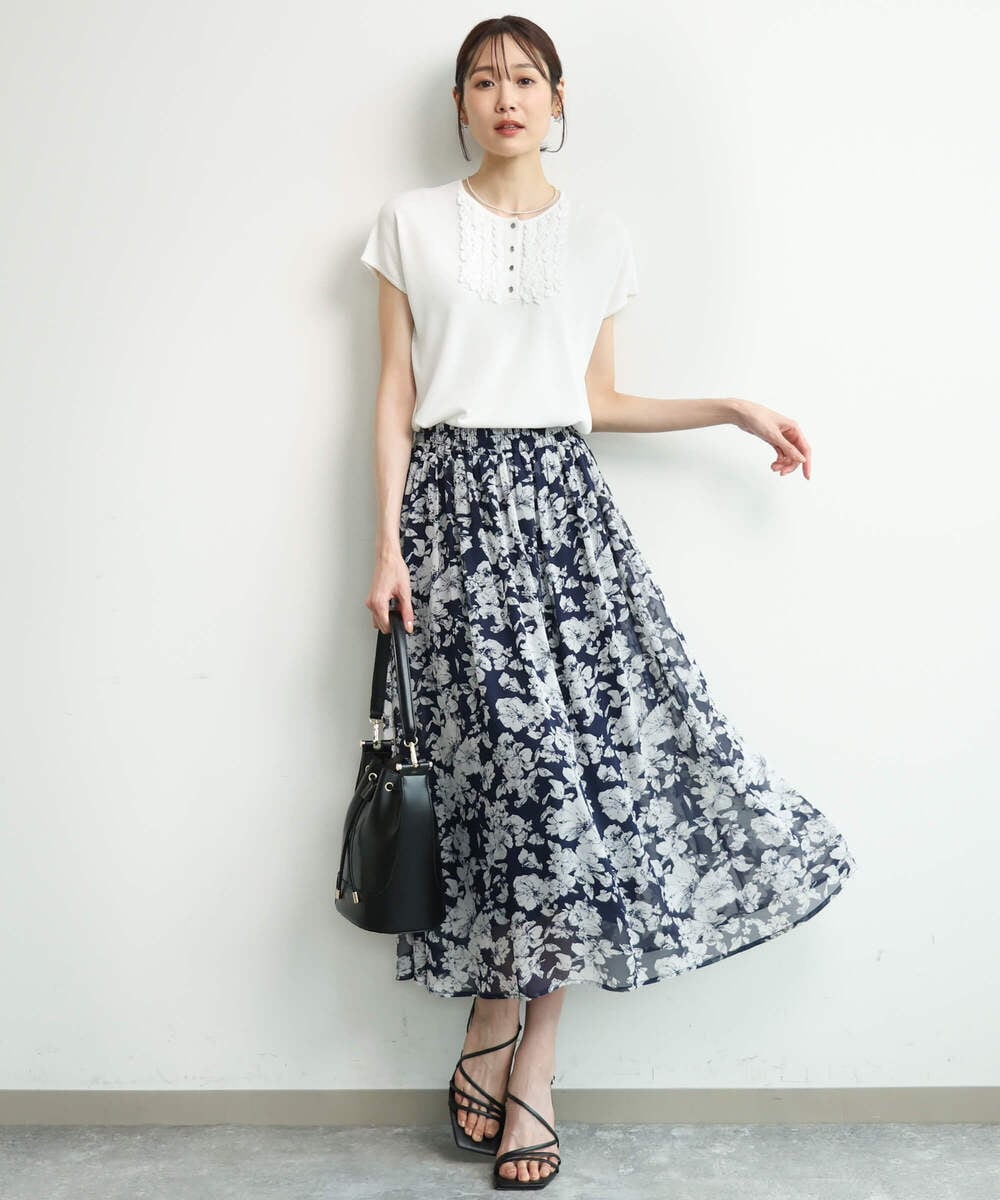 FKHGD03140 MK MICHEL KLEIN(MK ミッシェルクラン) [洗える]花柄シフォンスカート ネイビー